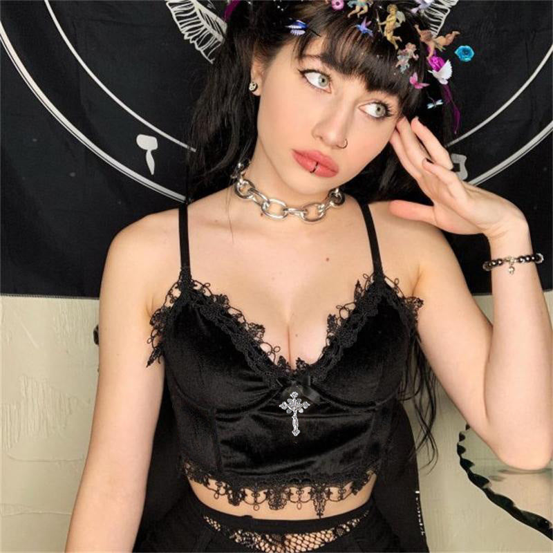 Cross-Detail Lace-Trim Bralette