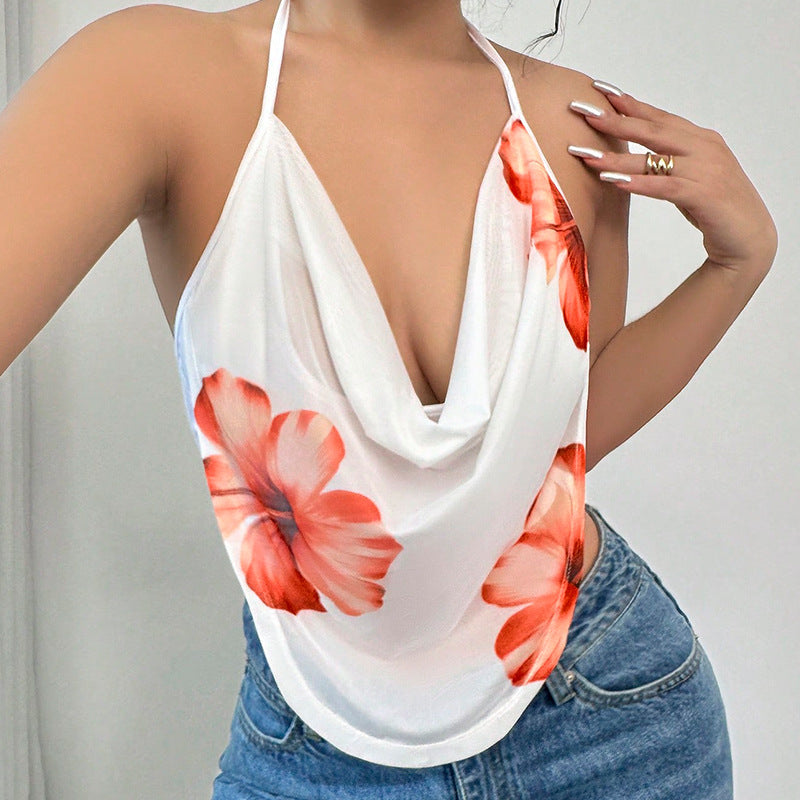 Floral Cowl-Neck Halter Top