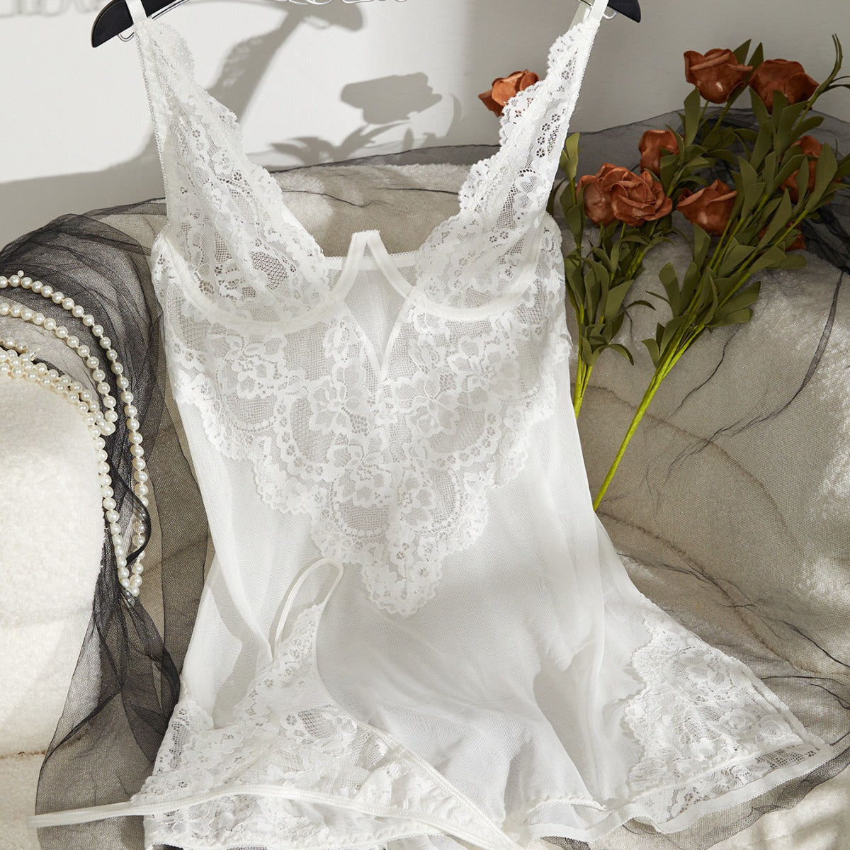 Lace & Mesh Slip and Thong Set