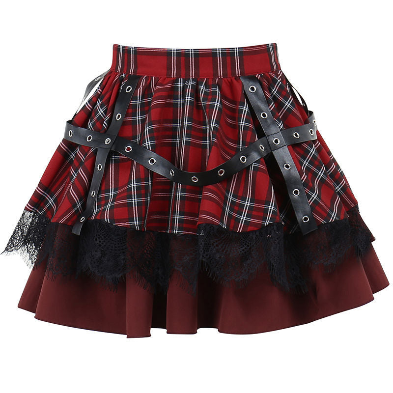 Plaid & Lace Tiered Mini Skirt