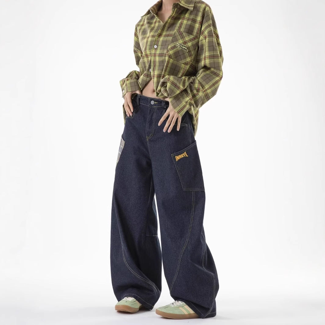 Plaid-Patchwork Straight Jeans
