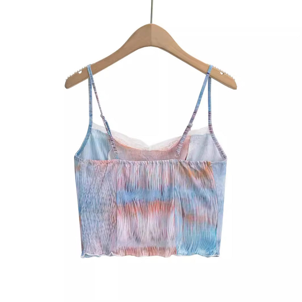 Gradient Mesh Lace-Trim Crop Top