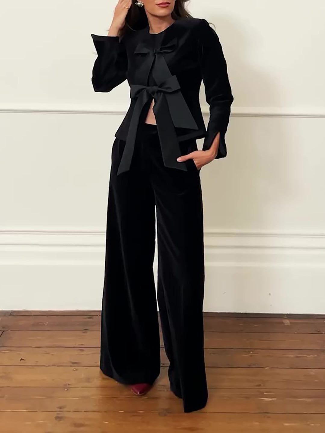 Velvet Bow Jacket & Wide-Leg Pants Set