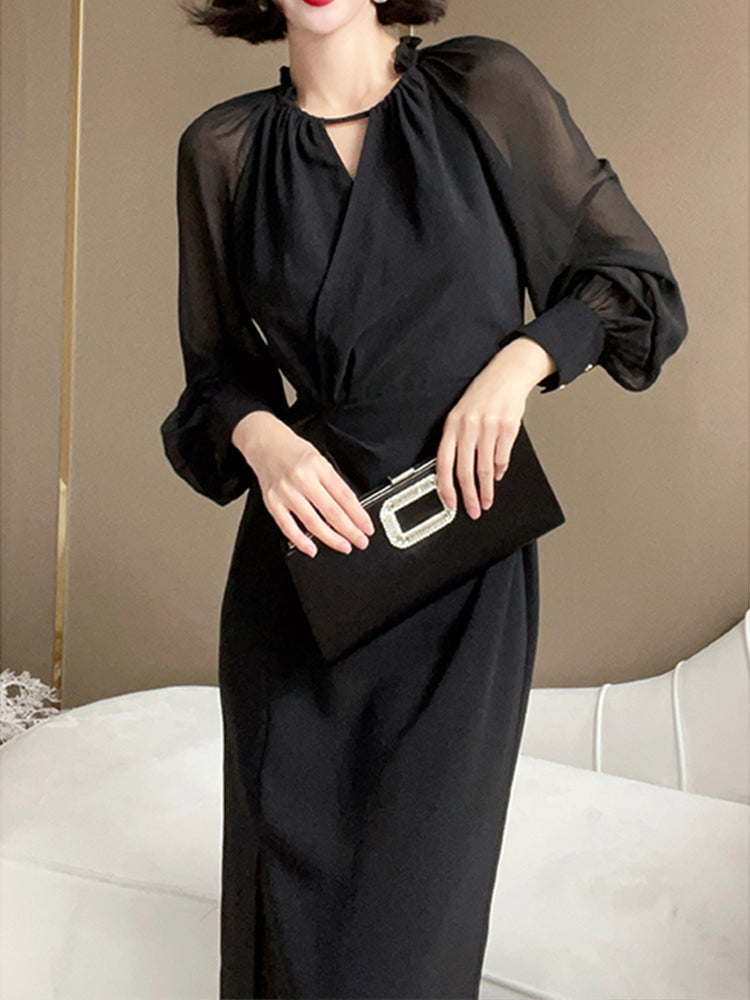 Sheer-Sleeve Twist-Waist Dress