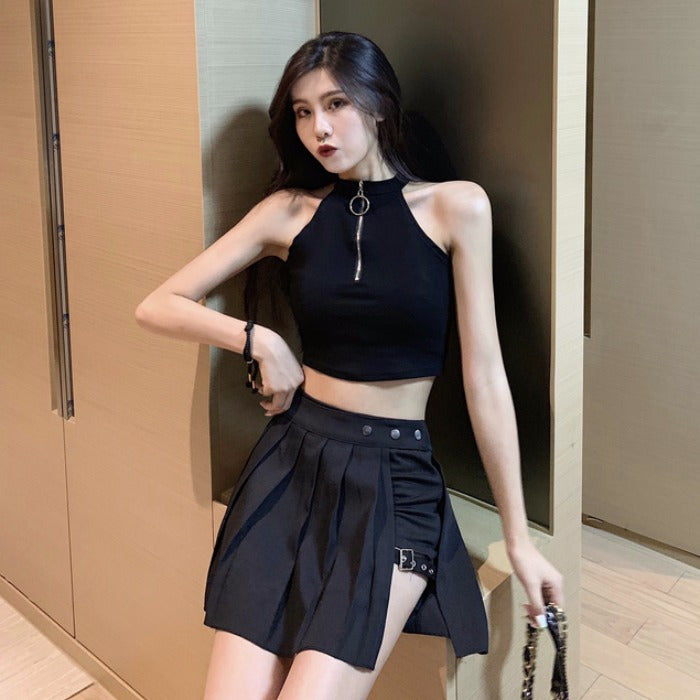Pleated Garter-Strap Mini Skirt