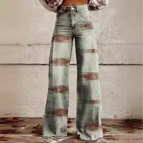 Printed Denim-Look Wide-Leg Pants