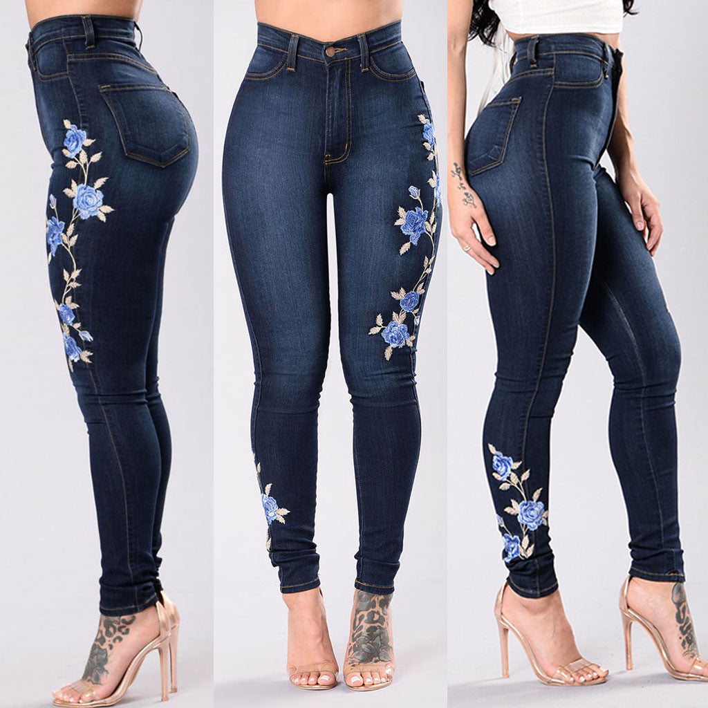 Floral-Embroidered Skinny Jeans