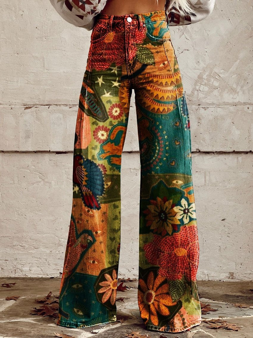 Printed Denim-Look Wide-Leg Pants