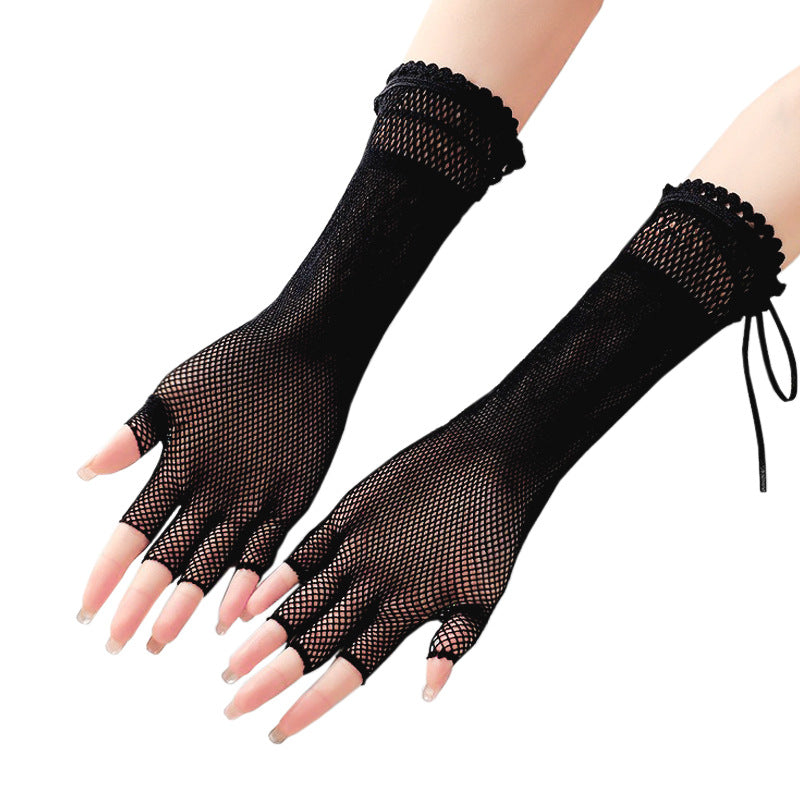 Lace-Up Fingerless Mesh Gloves