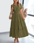V-Neck Puff-Sleeve Tiered Dress