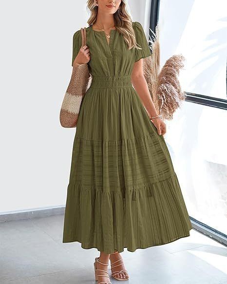 V-Neck Puff-Sleeve Tiered Dress