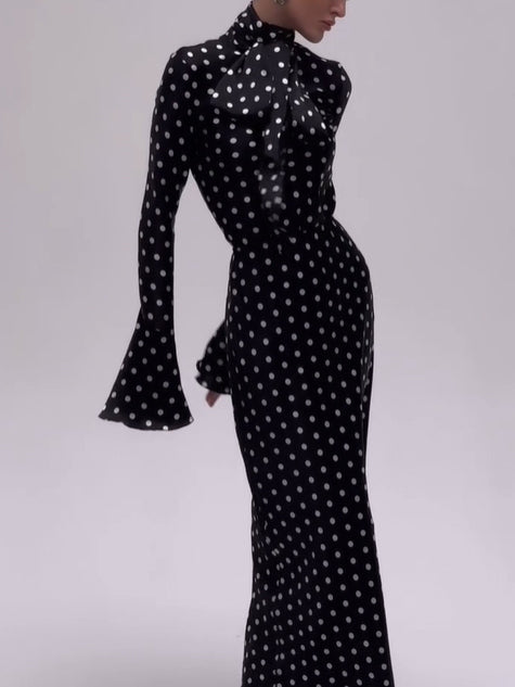 Polka Dot Bell-Sleeve Maxi Dress