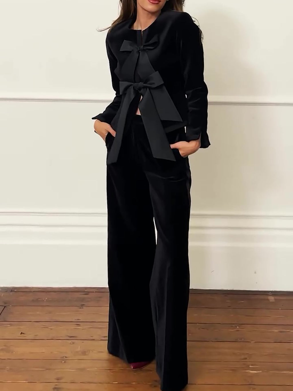 Velvet Bow Jacket & Wide-Leg Pants Set