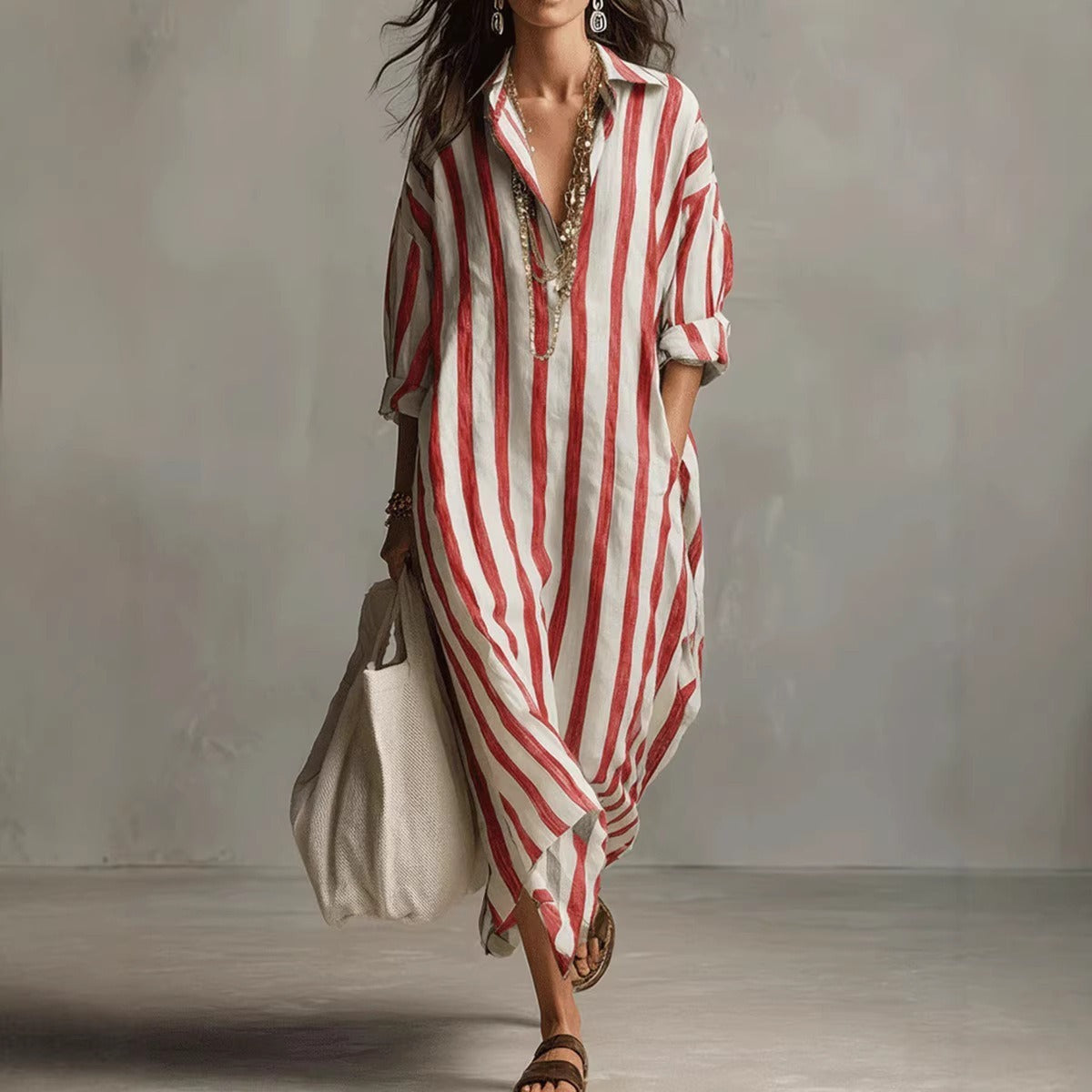 Striped V-Neck Long Dress