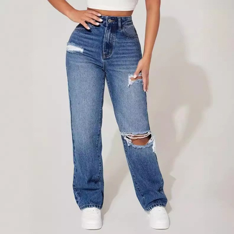 High-Waisted Ripped Straight-Leg Jeans