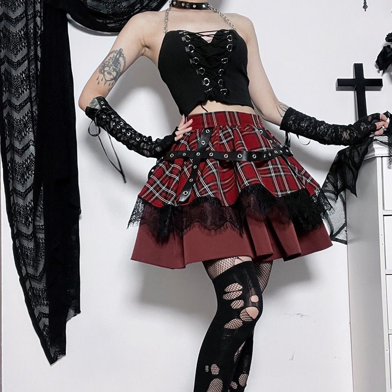 Plaid & Lace Tiered Mini Skirt