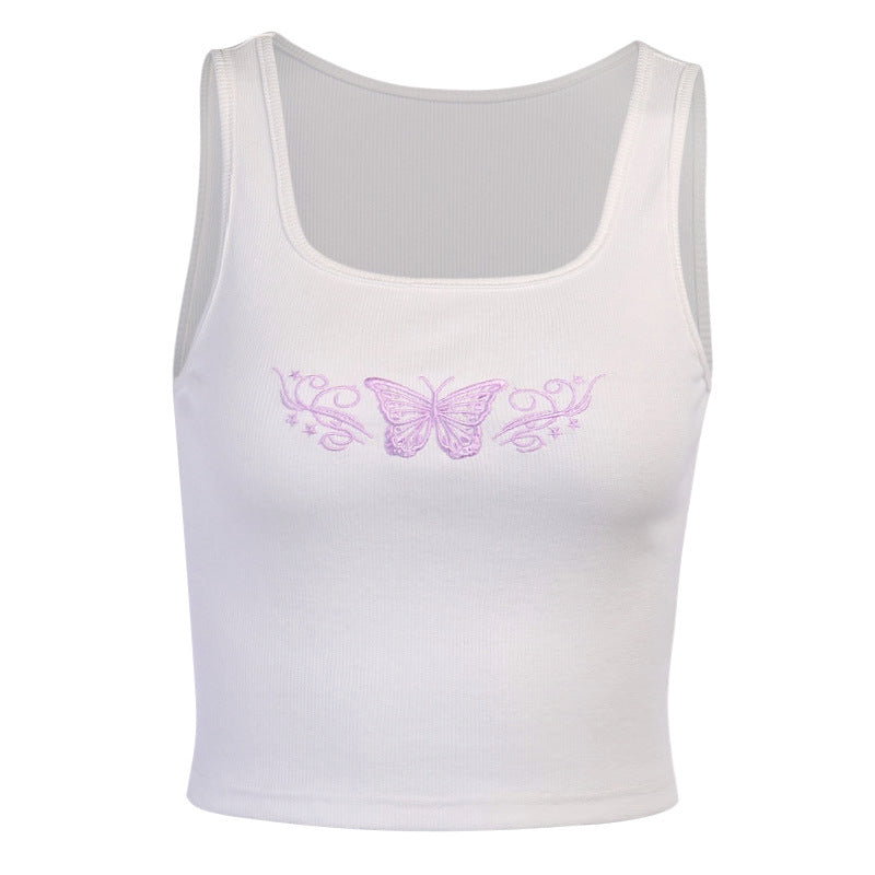 Butterfly-Embroidered Crop Tank