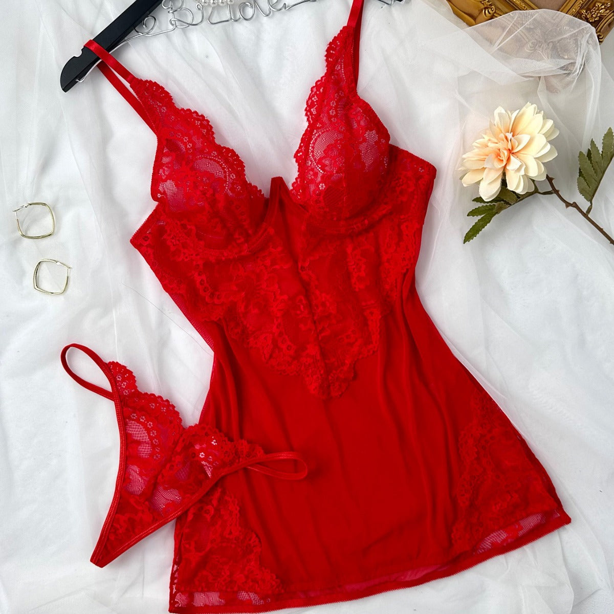 Lace & Mesh Slip and Thong Set