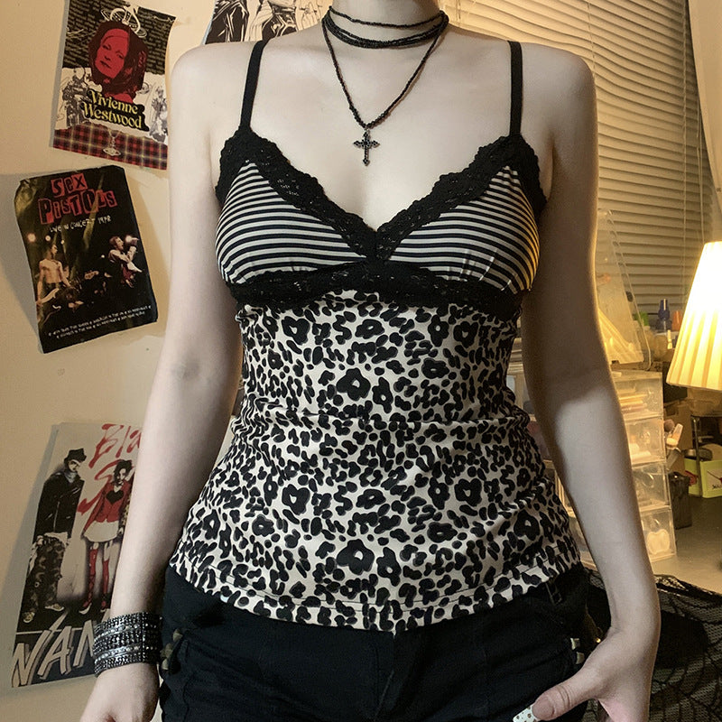 Leopard & Stripe Lace-Trim Cami