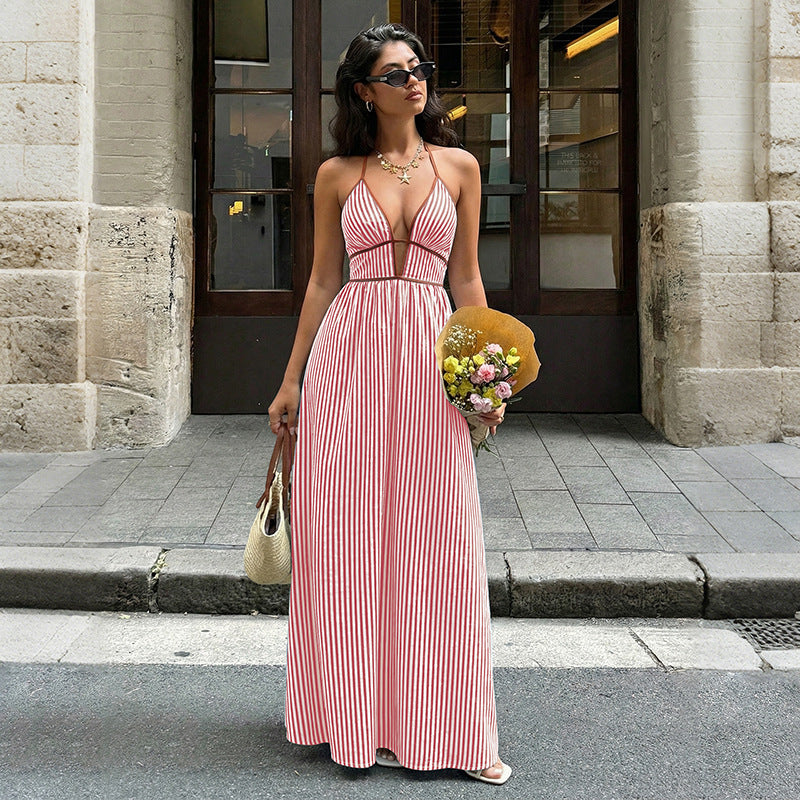 Striped Deep V-Neck Maxi Dress