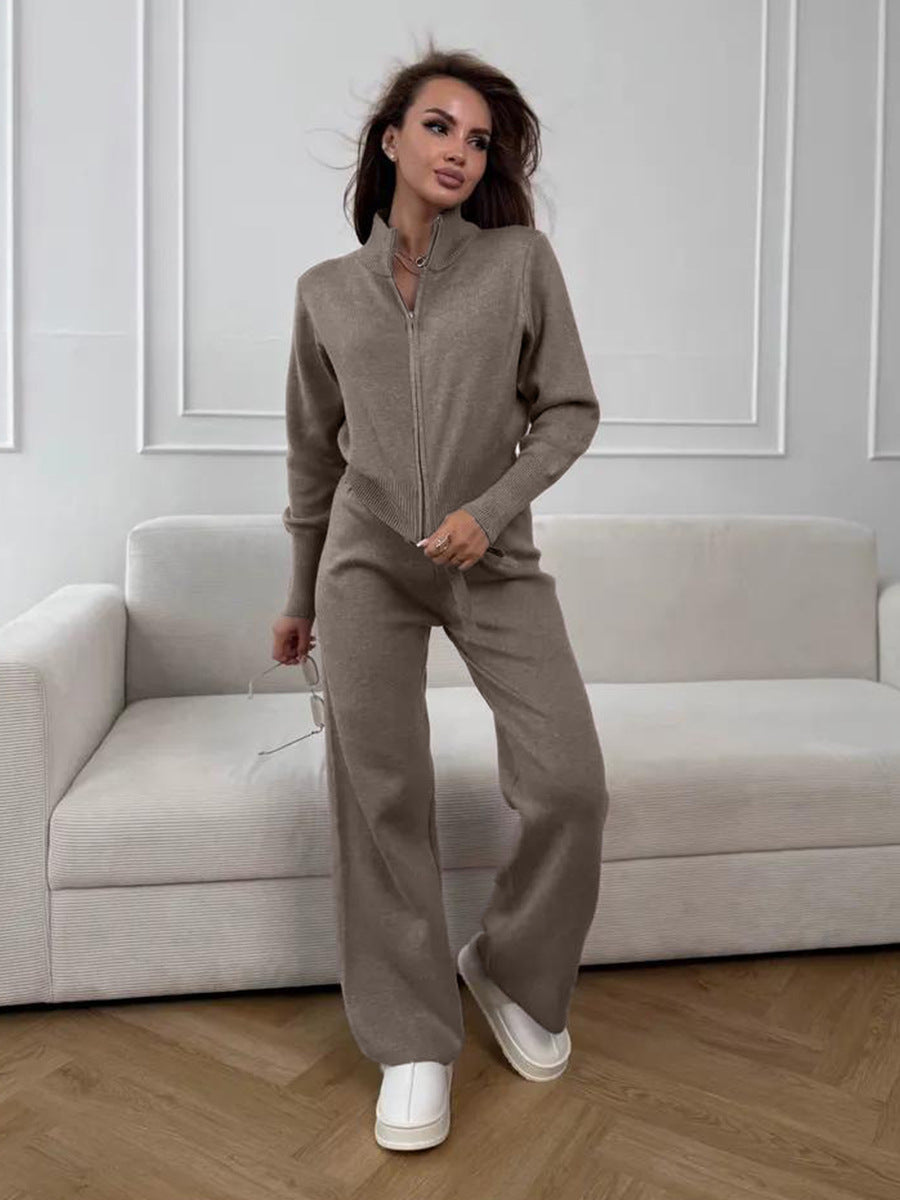 Zip-Front Knit Top & Pants Set
