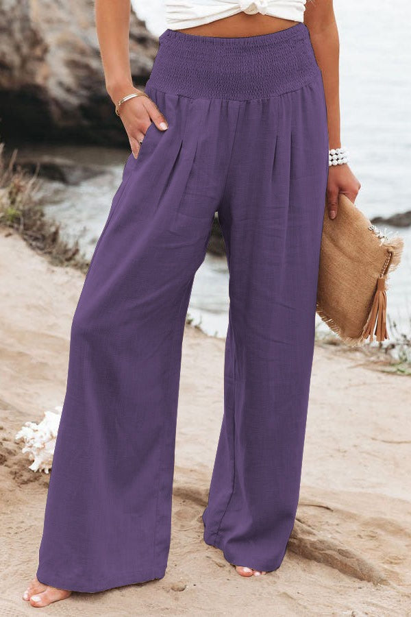 Smocked-Waist Wide-Leg Pants