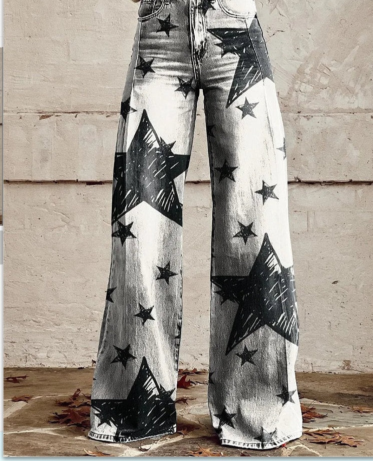 Printed Denim-Look Wide-Leg Pants