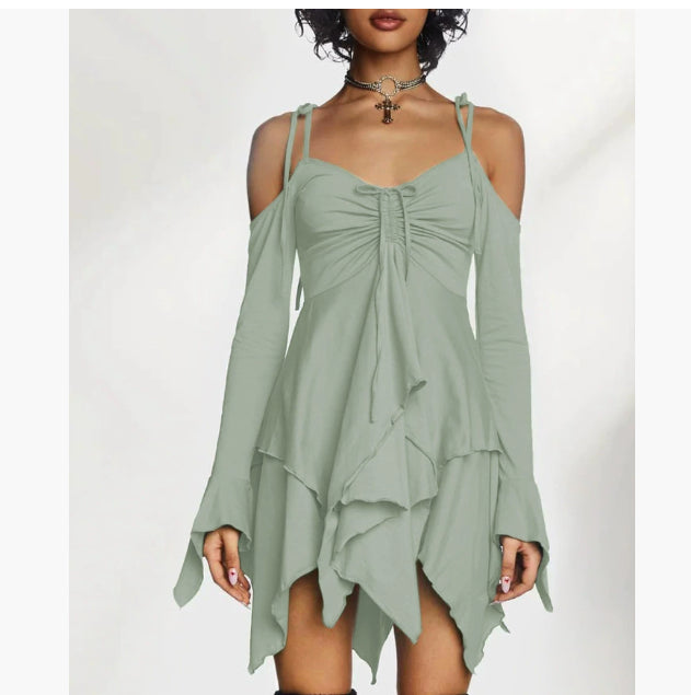 Cold-Shoulder Handkerchief-Hem Mini Dress