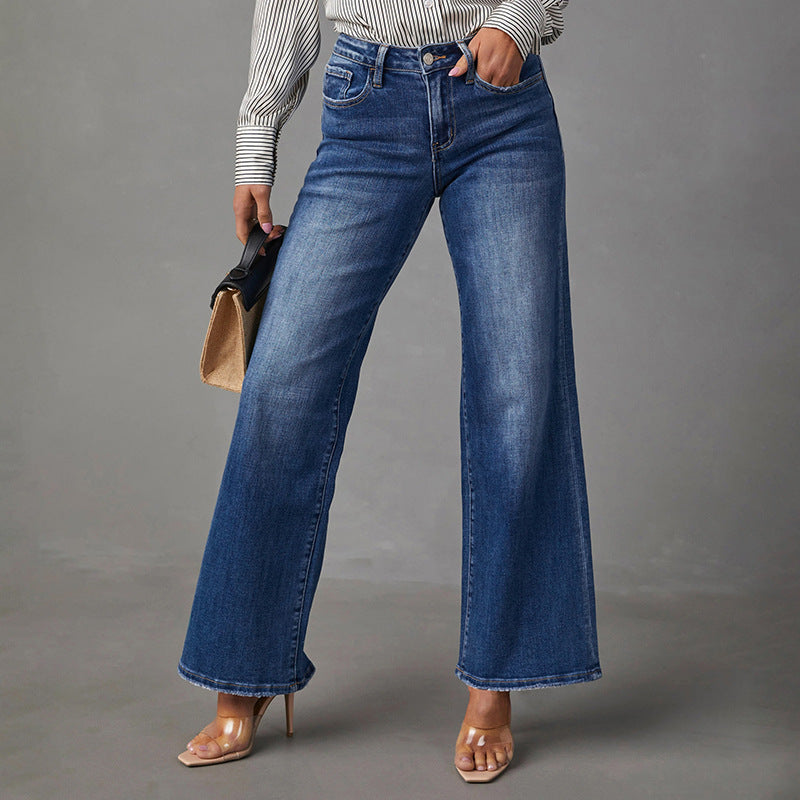 Dark-Wash Wide-Leg Stretch Jeans