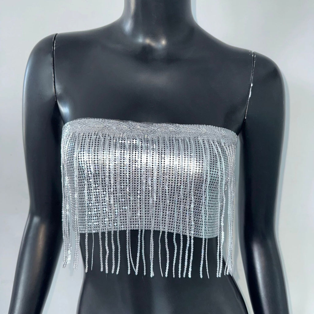 Metallic-Effect Fringe Tube Top