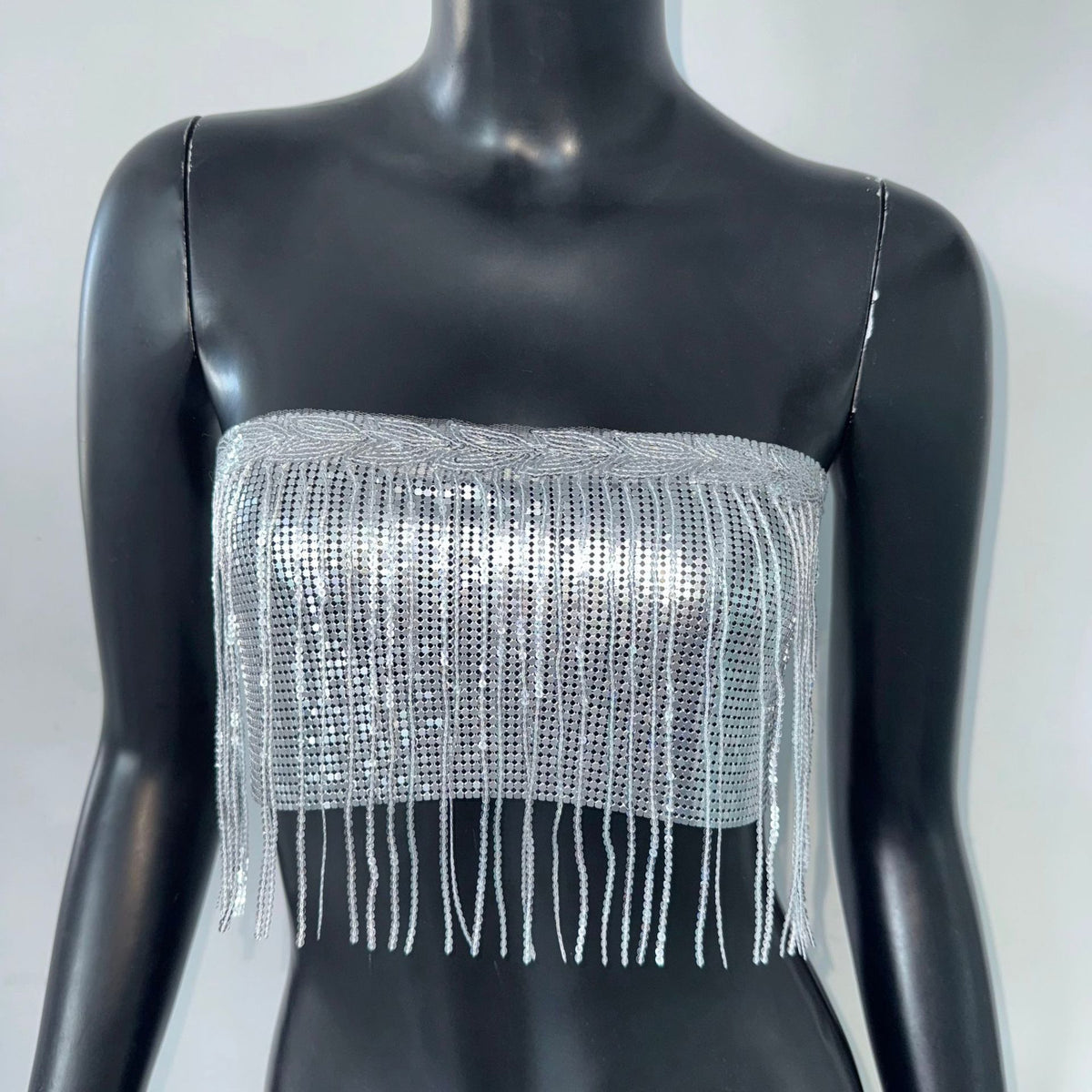 Metallic-Effect Fringe Tube Top