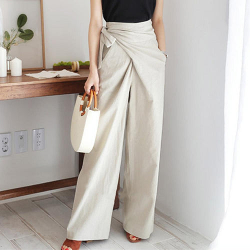 Asymmetric Tie-Waist Wide-Leg Pants