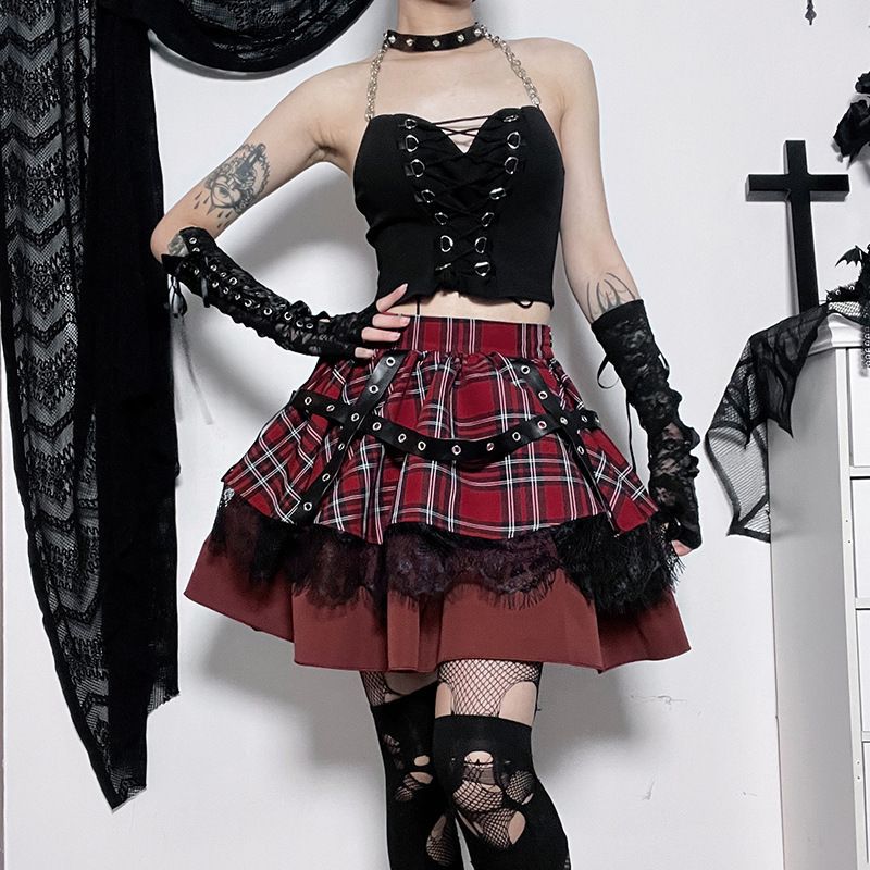 Plaid & Lace Tiered Mini Skirt
