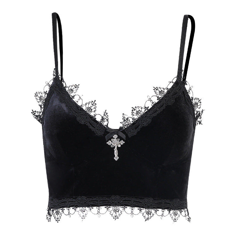 Cross-Detail Lace-Trim Bralette