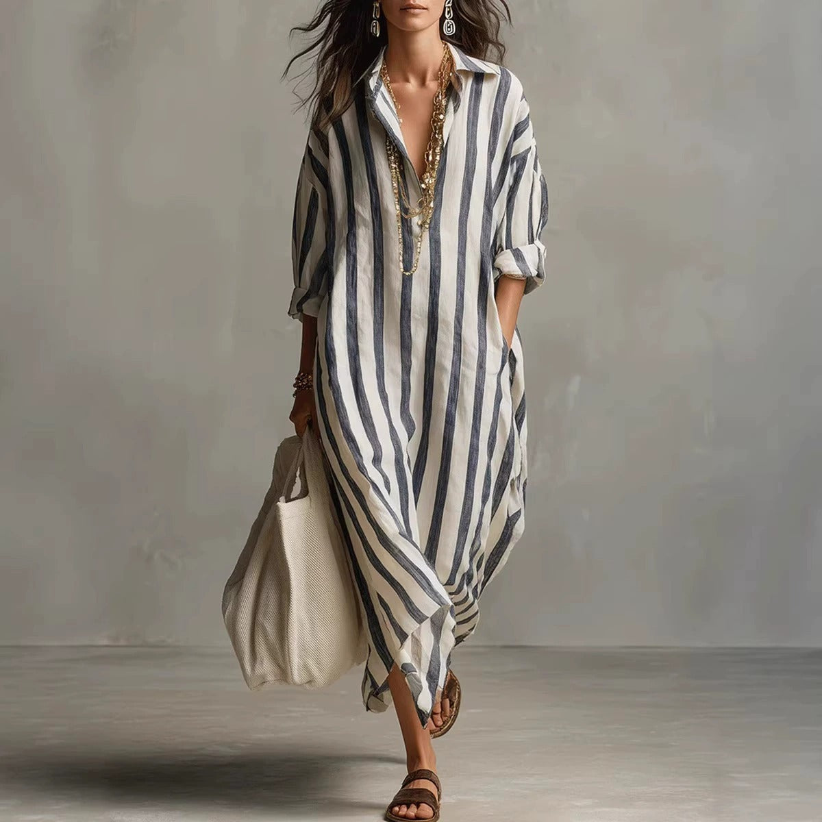 Striped V-Neck Long Dress