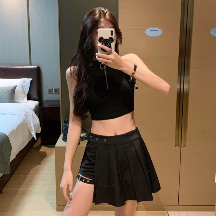Pleated Garter-Strap Mini Skirt
