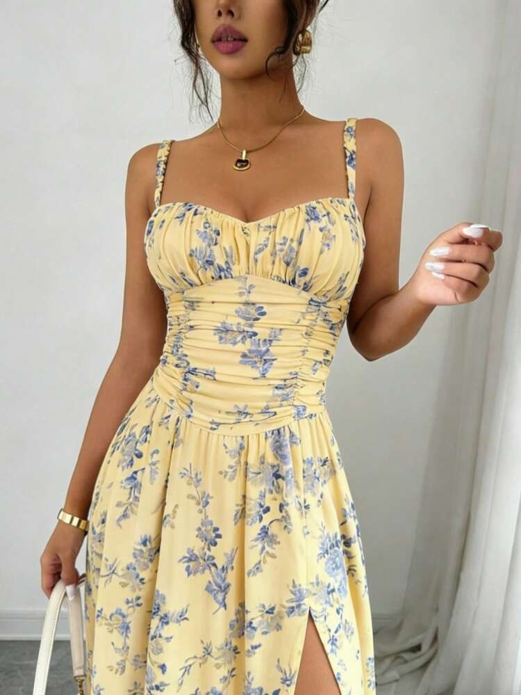 Floral High-Slit Cami Dress