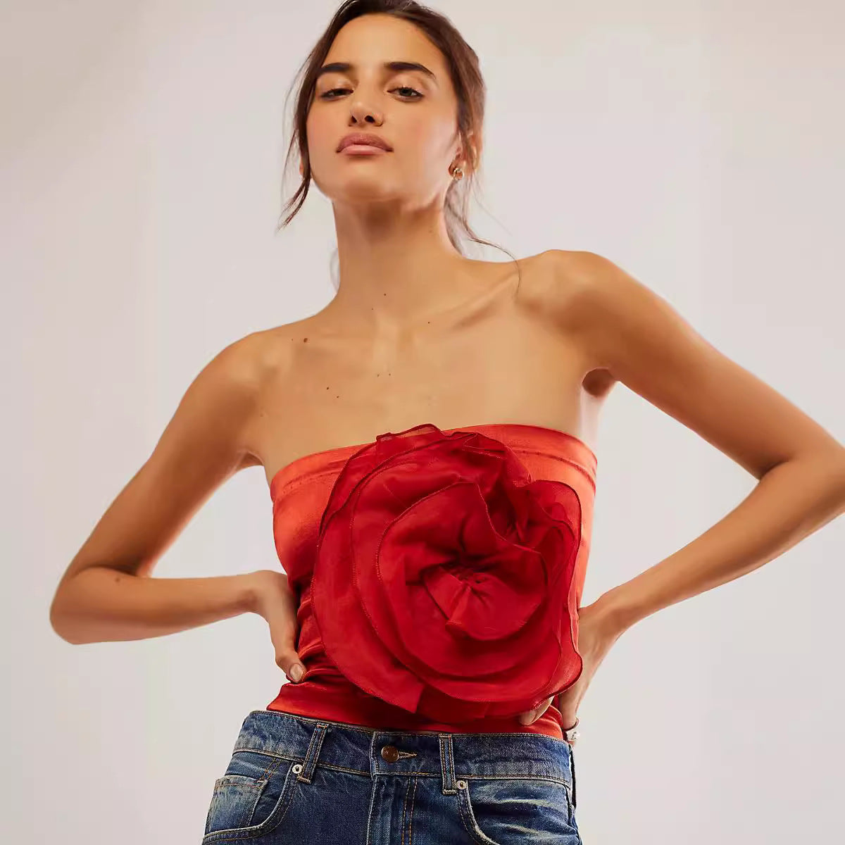 Oversized-Flower Strapless Top