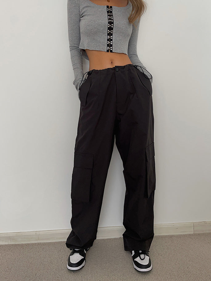 Wide-Leg Drawstring Cargo Pants