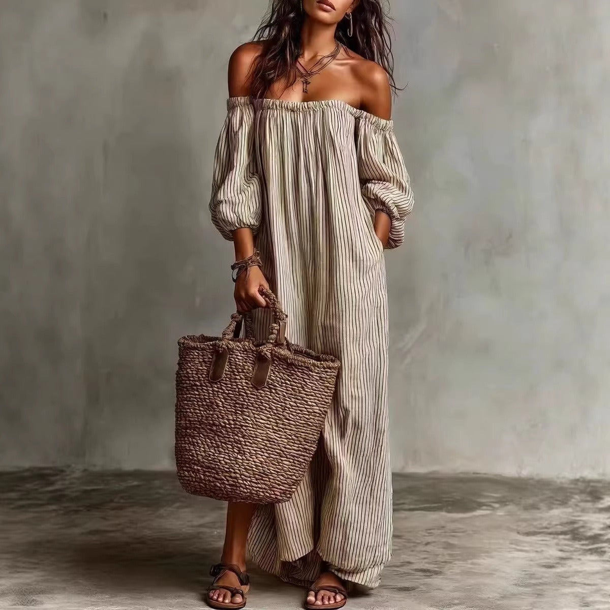 Striped Off-Shoulder Maxi Dress