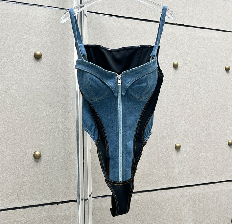 Contrast-Panel V-Neck Bodysuit