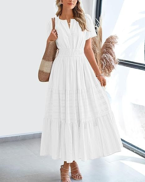 V-Neck Puff-Sleeve Tiered Dress