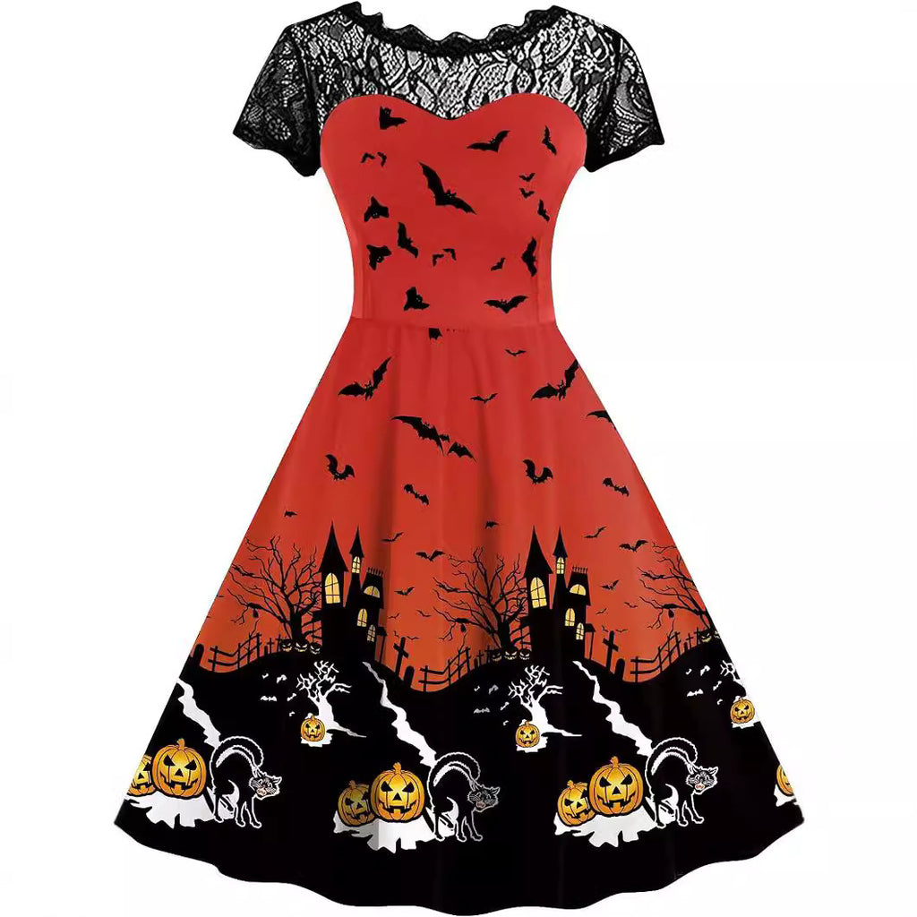 Halloween-Print Lace-Yoke Dress