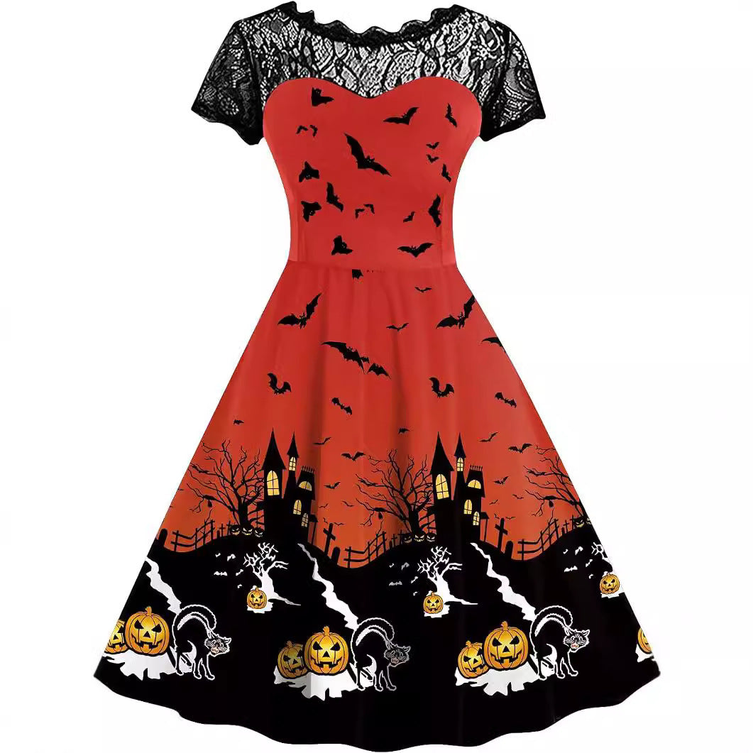 Halloween-Print Lace-Yoke Dress