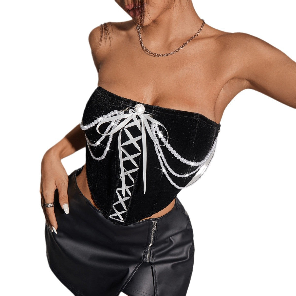 Chain-Embellished Velvet Corset Top