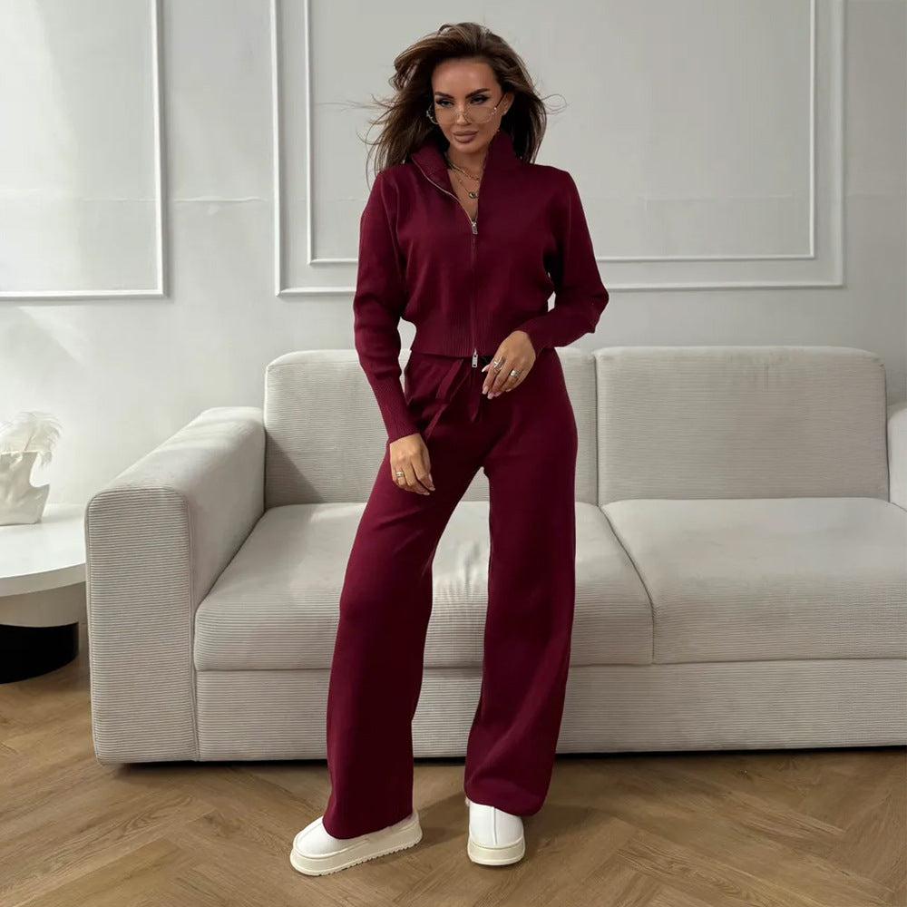 Zip-Front Knit Top & Pants Set