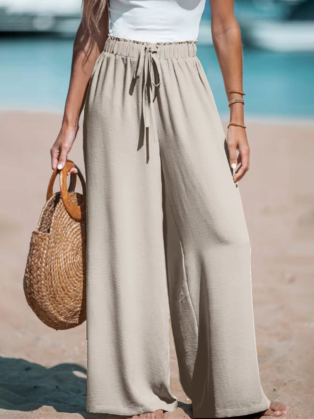 Drawstring-Look Wide-Leg Pants