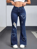 Heart-Distressed Flared Jeans