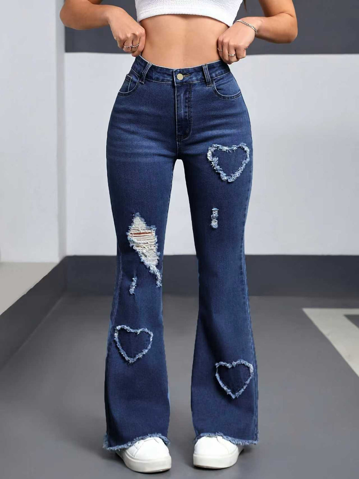 Heart-Distressed Flared Jeans