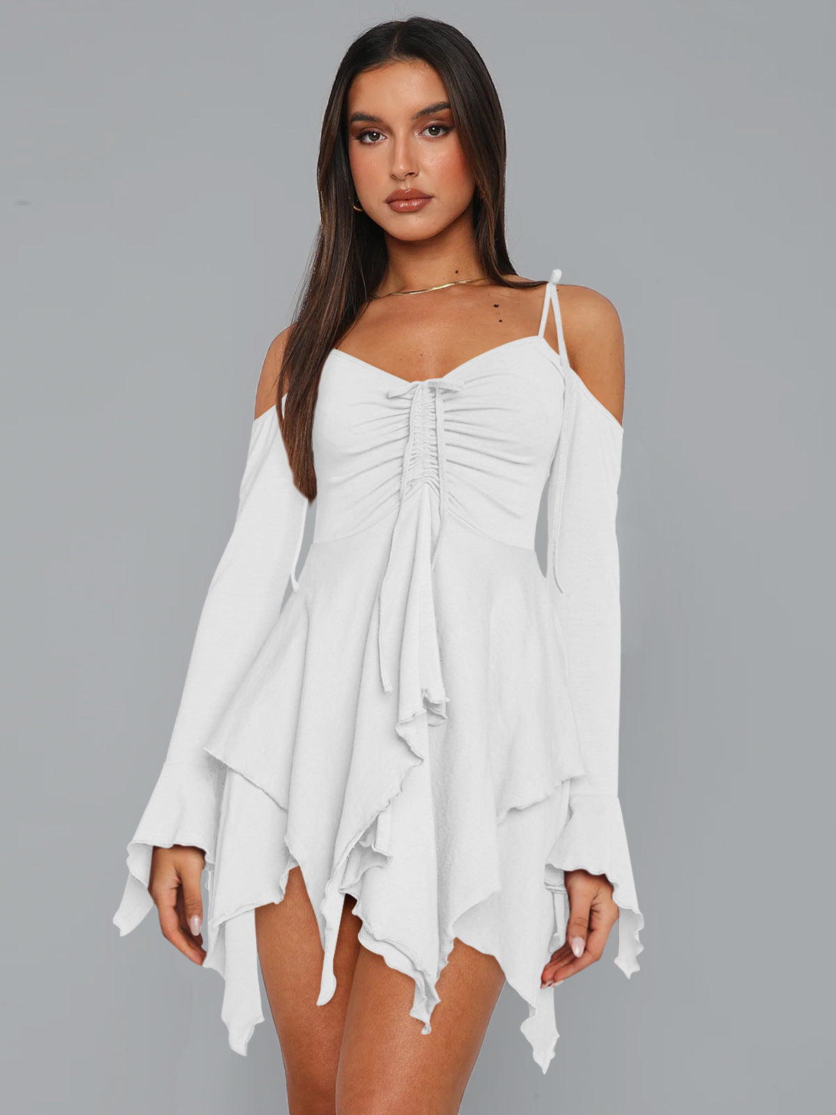Cold-Shoulder Handkerchief-Hem Mini Dress